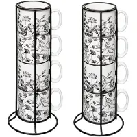 Secret De Gourmet Koffie mokken/bekers Flowers - 8x stuks in metalen rekje - Keramiek - glans afwerking - 240 ml - 7 x 8 cm