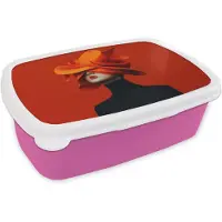MuchoWow Broodtrommel Roze - Lunchbox Oranje - Hoed - Vrouw - Brooddoos 18x12x6 cm - Brood lunch box - Broodtrommels voor kinderen en volwassenen