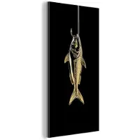 MuchoWow Aluminium schilderij 80x160 cm - Wanddecoratie metaal - Goud - Vis - Haak - Zwart - Metalen muurdecoratie woonkamer - Decoratie industrieel - Foto op dibond - Industriële accessoires slaapkamer