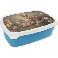 MuchoWow Broodtrommel Blauw - Lunchbox Haas - Stilleven - Bloemen - Brooddoos 18x12x6 cm - Brood lunch box - Broodtrommels voor kinderen en volwassenen
