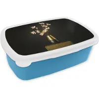 MuchoWow Broodtrommel Blauw - Lunchbox Sierlijk - Boeket - Goud - Vaas - Brooddoos 18x12x6 cm - Brood lunch box - Broodtrommels voor kinderen en volwassenen