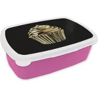 MuchoWow Broodtrommel Roze - Lunchbox Cupcake - Eten - Goud - Zwart - Brooddoos 18x12x6 cm - Brood lunch box - Broodtrommels voor kinderen en volwassenen