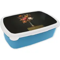 MuchoWow Broodtrommel Blauw - Lunchbox Boeket - Oranje - Gouden - vaas - Brooddoos 18x12x6 cm - Brood lunch box - Broodtrommels voor kinderen en volwassenen