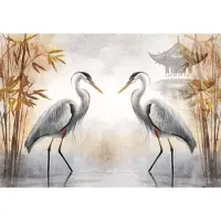 Fotobehang - Elegante Reigers in Oosterse Sferen – Tijdloze Schoonheid voor jouw Interieur - 416 x 290 cm