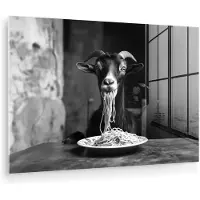MuchoWow Glasschilderij 180x120 cm - Schilderij acrylglas - Geit - Bord - Spaghetti - Zwart Wit - Foto op glas - Muurdecoratie woonkamer - Wanddecoratie slaapkamer - Schilderijen