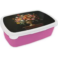 MuchoWow Broodtrommel Roze - Lunchbox Goud - Bloemen - Kleuren - Vaas - Brooddoos 18x12x6 cm - Brood lunch box - Broodtrommels voor kinderen en volwassenen