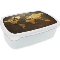 MuchoWow Broodtrommel Wit - Lunchbox Wereldkaart - Goud - Roest print - Brooddoos 18x12x6 cm - Brood lunch box - Broodtrommels voor kinderen en volwassenen
