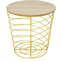 WDMT Metalen Draadmand Bijzettafel met Houten Blad - ø 40 x 40,5 cm - Ronde Opbergtafel - Stijlvol Koffietafel - Praktische Opbergruimte - Salontafel - Plantentafel voor binnen Rond - Tafel - Geel