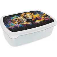 MuchoWow Broodtrommel Wit - Lunchbox Leeuwen - Schilderij - Kleuren - Brooddoos 18x12x6 cm - Brood lunch box - Broodtrommels voor kinderen en volwassenen