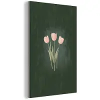 MuchoWow Aluminium schilderij 100x150 cm - Wanddecoratie metaal - Tulpen - Liefde - Donkergroen - Metalen muurdecoratie woonkamer - Decoratie industrieel - Foto op dibond - Industriële accessoires slaapkamer