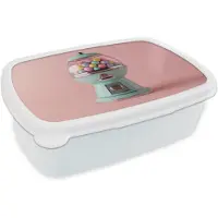 MuchoWow Broodtrommel Wit - Lunchbox Kauwgom - Retro - Snoep - Roze - Brooddoos 18x12x6 cm - Brood lunch box - Broodtrommels voor kinderen en volwassenen