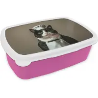 MuchoWow Broodtrommel Roze - Lunchbox Kat - Kokskleding - Zwart - Wit - Brooddoos 18x12x6 cm - Brood lunch box - Broodtrommels voor kinderen en volwassenen