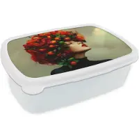 MuchoWow Broodtrommel Wit - Lunchbox Vrouw - Appels - Rood - Bladeren - Brooddoos 18x12x6 cm - Brood lunch box - Broodtrommels voor kinderen en volwassenen