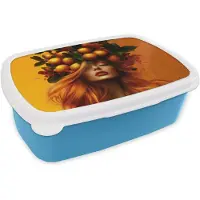 MuchoWow Broodtrommel Blauw - Lunchbox Vrouw - Citroenen - Bloesem - Geel - Brooddoos 18x12x6 cm - Brood lunch box - Broodtrommels voor kinderen en volwassenen