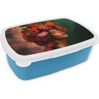 MuchoWow Broodtrommel Blauw - Lunchbox Vrouw - Drankenfruit - Rozen - Brooddoos 18x12x6 cm - Brood lunch box - Broodtrommels voor kinderen en volwassenen