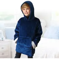 WDMT Kinder Oversized Hoodie Deken - Warme Sherpa Fleece Blanket Sweater met Capuchon - Ultra Zacht - Marineblauw - Voor Meisjes en Jongens