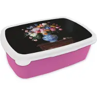 MuchoWow Broodtrommel Roze - Lunchbox Rozen - Bloemen - Vaas - Boeket - Brooddoos 18x12x6 cm - Brood lunch box - Broodtrommels voor kinderen en volwassenen