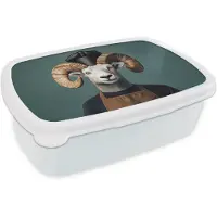 MuchoWow Broodtrommel Wit - Lunchbox Geit - Hoorns - Kokskleding - Brooddoos 18x12x6 cm - Brood lunch box - Broodtrommels voor kinderen en volwassenen