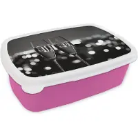 MuchoWow Broodtrommel Roze - Lunchbox Bubbels - Proosten - Champagneglazen - Stadslichten - Brooddoos 18x12x6 cm - Brood lunch box - Broodtrommels voor kinderen en volwassenen
