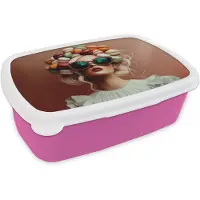 MuchoWow Broodtrommel Roze - Lunchbox Vrouw - Macarons - Bril - Brooddoos 18x12x6 cm - Brood lunch box - Broodtrommels voor kinderen en volwassenen