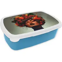 MuchoWow Broodtrommel Blauw - Lunchbox Vrouw - Chocolade - Frambozen - Aardbeien - Koekjes - Brooddoos 18x12x6 cm - Brood lunch box - Broodtrommels voor kinderen en volwassenen