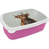 MuchoWow Broodtrommel Roze - Lunchbox Schotse Hooglander - Bruin - Hoorns - Kokskleding - Brooddoos 18x12x6 cm - Brood lunch box - Broodtrommels voor kinderen en volwassenen