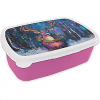 MuchoWow Broodtrommel Roze - Lunchbox Rendier - Krans - Sprookjesachtig - Blauw - Brooddoos 18x12x6 cm - Brood lunch box - Broodtrommels voor kinderen en volwassenen