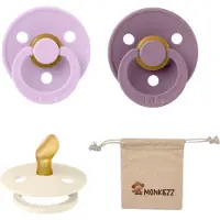 BIBS Dental fopspenen Anatomical 0-6 maanden- Set 3 stuks- Ivory, Mauve, Violet Sky + Monkiezz speenzakje - orthodontisch- Anatomisch- Maat 1