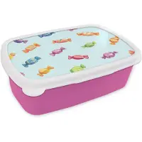 MuchoWow Broodtrommel Roze - Lunchbox Blauw - Patroon - Snoep - Brooddoos 18x12x6 cm - Brood lunch box - Broodtrommels voor kinderen en volwassenen