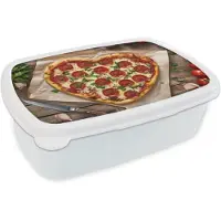 MuchoWow Broodtrommel Wit - Lunchbox Pizza - Hart - Pepperoni - Tomaat - Brooddoos 18x12x6 cm - Brood lunch box - Broodtrommels voor kinderen en volwassenen