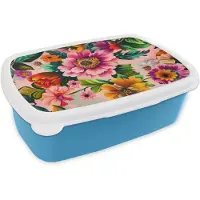 MuchoWow Broodtrommel Blauw - Lunchbox Bloemen - Kleurrijk - Roze - Brooddoos 18x12x6 cm - Brood lunch box - Broodtrommels voor kinderen en volwassenen