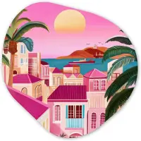 MuchoWow Organische wanddecoratie 60x60 cm - Organisch schilderij Stad - Roze - Palmbomen - Muurdecoratie woonkamer - Kamer decoratie - Schilderijen - Muurcirkel aesthetic