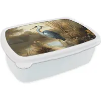 MuchoWow Broodtrommel Wit - Lunchbox Reiger - Water - Planten - Brooddoos 18x12x6 cm - Brood lunch box - Broodtrommels voor kinderen en volwassenen