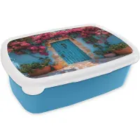 MuchoWow Broodtrommel Blauw - Lunchbox Deur - Hout - Bloemen - Blauw - Brooddoos 18x12x6 cm - Brood lunch box - Broodtrommels voor kinderen en volwassenen