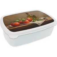 MuchoWow Broodtrommel Wit - Lunchbox Tomaten - Olijfolie - Stilleven - Brooddoos 18x12x6 cm - Brood lunch box - Broodtrommels voor kinderen en volwassenen