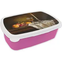 MuchoWow Broodtrommel Roze - Lunchbox Fruit - Stilleven - Wijn - Kaars - Brooddoos 18x12x6 cm - Brood lunch box - Broodtrommels voor kinderen en volwassenen