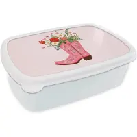 MuchoWow Broodtrommel Wit - Lunchbox Cowboylaarzen - Roze - Boeket - Bloemen - Brooddoos 18x12x6 cm - Brood lunch box - Broodtrommels voor kinderen en volwassenen