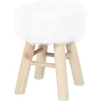WDMT Pluche Krukje ø28 x 40 cm – Wit Krukje met Kunstbont Zitting & Houten Poten – Decoratieve Poef - Zithocker voor Slaapkamer of Woonkamer - Houten Kruk - Wit