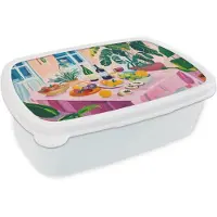 MuchoWow Broodtrommel Wit - Lunchbox Tafel - Wijn - Fruit - Brooddoos 18x12x6 cm - Brood lunch box - Broodtrommels voor kinderen en volwassenen