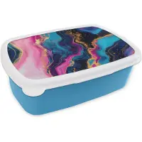 MuchoWow Broodtrommel Blauw - Lunchbox Marmer - Modern - Goud - Brooddoos 18x12x6 cm - Brood lunch box - Broodtrommels voor kinderen en volwassenen