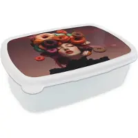 MuchoWow Broodtrommel Wit - Lunchbox Vrouw - Donuts - Kleurrijk - Brooddoos 18x12x6 cm - Brood lunch box - Broodtrommels voor kinderen en volwassenen