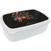 MuchoWow Broodtrommel Wit - Lunchbox Tulpen - Bessen - Boeket - Vaas - Brooddoos 18x12x6 cm - Brood lunch box - Broodtrommels voor kinderen en volwassenen