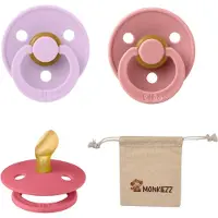 BIBS Dental fopspenen Anatomical 0-6 maanden- Set 3 stuks- Coral, Dusty Pink, Violet Sky + Monkiezz speenzakje - orthodontisch- Anatomisch- Maat 1