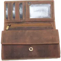 Oi Hunter bruine leren overslag portemonnee lang met bak voor muntgeld / damesbeurs met groot kleingeld vak / ruime beurs voor veel contant geld en 9 pasjes / RFID safe / bruin leer / 279H