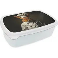 MuchoWow Broodtrommel Wit - Lunchbox Konijn - Kok - Dier - Brooddoos 18x12x6 cm - Brood lunch box - Broodtrommels voor kinderen en volwassenen