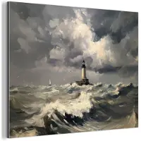 MuchoWow Aluminium schilderij 40x30 cm - Wanddecoratie metaal - Vuurtoren - Golven - Storm - Metalen muurdecoratie woonkamer - Decoratie industrieel - Foto op dibond - Industriële accessoires slaapkamer