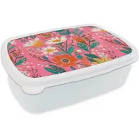MuchoWow Broodtrommel Wit - Lunchbox Roze - Bloemen - Wit - Oranje - Brooddoos 18x12x6 cm - Brood lunch box - Broodtrommels voor kinderen en volwassenen