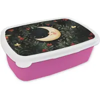 MuchoWow Broodtrommel Roze - Lunchbox Maan - Bloemen - Nachthemel - Brooddoos 18x12x6 cm - Brood lunch box - Broodtrommels voor kinderen en volwassenen