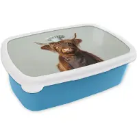 MuchoWow Broodtrommel Blauw - Lunchbox Schotse Hooglander - Bruin - Hoorns - Kokskleding - Brooddoos 18x12x6 cm - Brood lunch box - Broodtrommels voor kinderen en volwassenen