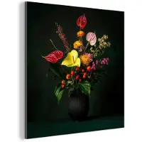 MuchoWow Aluminium schilderij 20x20 cm - Wanddecoratie metaal - Bloemen - Vaas - Zwart - Metalen muurdecoratie woonkamer - Decoratie industrieel - Foto op dibond - Industriële accessoires slaapkamer